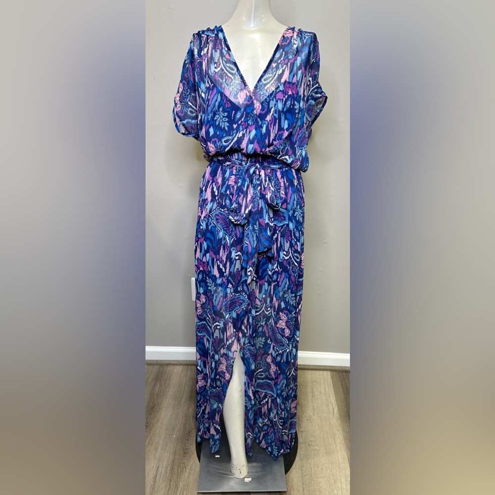 NWT Ramy Brook Exclusive Printed Marion Maxi Dress Blue Pink Pockets XXS $565